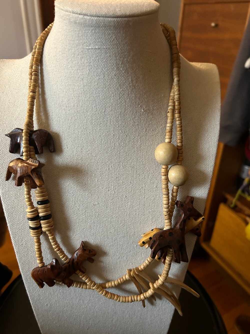 Wood Wood Carved Animal Bead Necklace in Brown and Tan